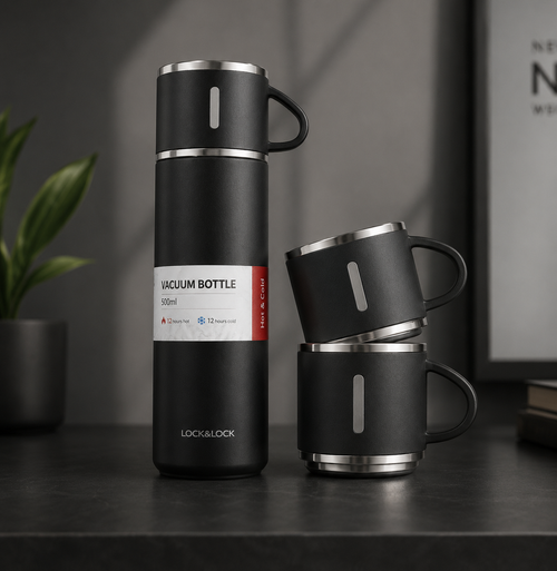Stainless Steel Vacuum Flask Set with 2 Cups