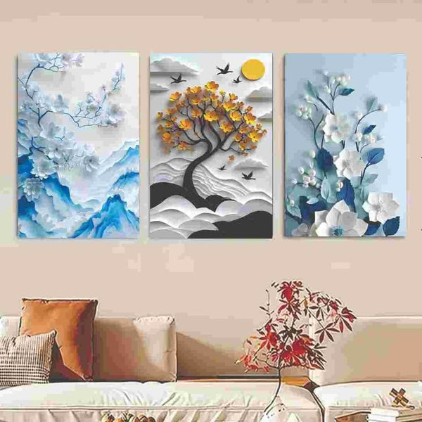 set of 3 Flower Tree art wooden frames for wall decoration / sticky photo tile